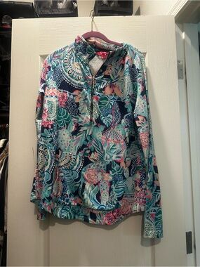 Lilly Pulitzer Teal Navy Pink Floral Quarter-Zip Pullover